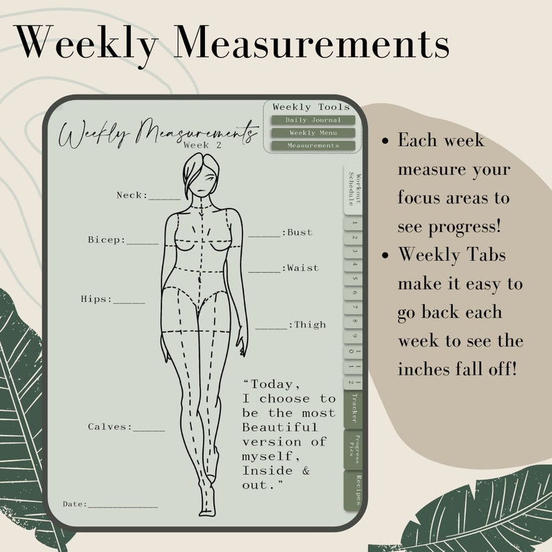 May include: A green and white printable weekly measurement tracker with a line drawing of a female figure. The tracker includes sections for neck, bicep, hips, calves, bust, waist, and thigh measurements. The text "Weekly Measurements" is at the top of the page. The text "Today, I choose to be the most Beautiful version of myself, Inside & out." is on the right side of the page.