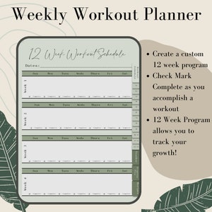 May include: A printable 12-week workout schedule planner with a green and white color scheme. The planner includes a section for dates, days of the week, and a check mark column for each day. The text "12 Week Workout Schedule" is at the top of the planner. The text "Workout Schedule" is in a column on the right side of the planner. The text "Create a custom 12 week program", "Check Mark Complete as you accomplish a workout", and "12 Week Program allows you to track your growth!" is on the right side of the planner.