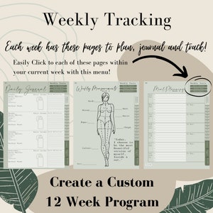 May include: A printable planner with three pages: a daily journal, weekly measurements, and meal planning. Each page has a green and white color scheme with a floral border. The text "Weekly Tracking" is at the top of the page. The text "Each week has these pages to plan, journal and track!" is below the title. The text "Easily Click to each of these pages within your current week with this menu!" is below the first line of text. The text "Create a Custom 12 Week Program" is at the bottom of the page.