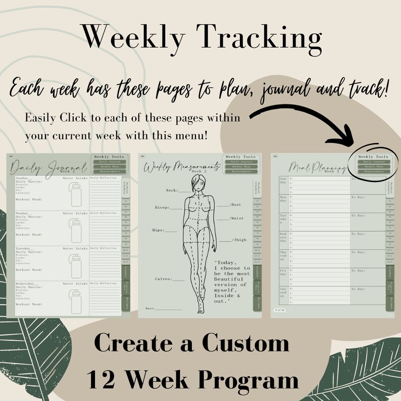 May include: A printable planner with three pages: a daily journal, weekly measurements, and meal planning. Each page has a green and white color scheme with a floral border. The text "Weekly Tracking" is at the top of the page. The text "Each week has these pages to plan, journal and track!" is below the title. The text "Easily Click to each of these pages within your current week with this menu!" is below the first line of text. The text "Create a Custom 12 Week Program" is at the bottom of the page.
