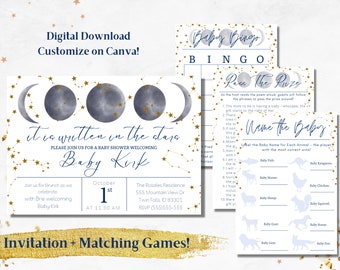 Geschrieben in den Sternen Baby Shower Thema Sterne digitaler Download geschlechtsneutral gold blau Galaxie bearbeitbare Einladung