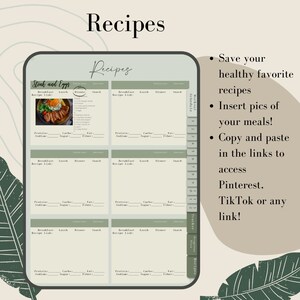 May include: A printable recipe tracker with a green and beige color scheme. The tracker has sections for breakfast, lunch, dinner, and snack. It includes space to record the recipe link, calories, servings, protein, carbs, sugar, fat, and fiber. The tracker also has a workout schedule and a progress tracker.