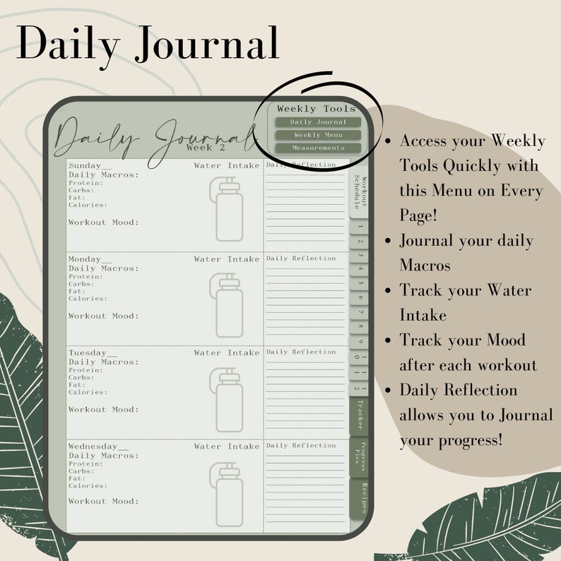 May include: A printable daily journal page with a green and white color scheme. The page includes sections for tracking daily macros, water intake, workout mood, and daily reflection. The page also includes a weekly tools menu with options for daily journal, weekly menu, and measurements.