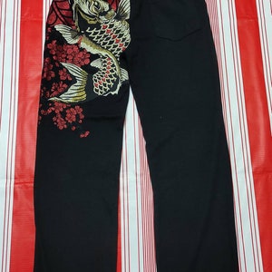 Mens Jeans Japanese Pattern Embroidery Denim Pants Dragon Carp Koi Fish  Flower