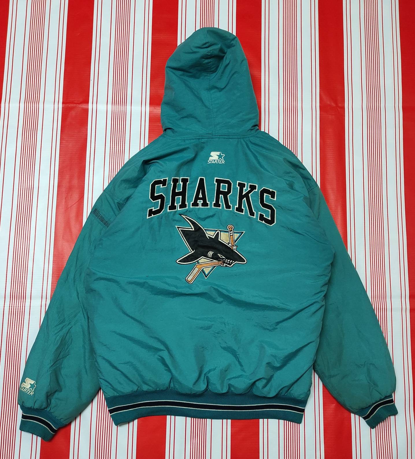 Vintage Starter San Jose Sharks NHL Baseball Jersey Pinstripe Turquoise L