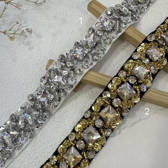 Rhinestone Lace trim, Beaded trim, Rhinestone trim for costume design sewing embellishment bridal trim dress coat cuff collar Sold by 1 yard
