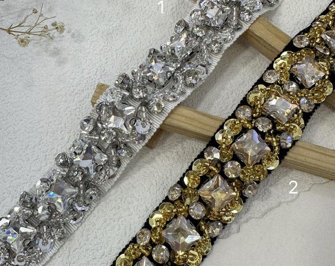 Rhinestone Beaded Lace Trim, Costume Design Embellishment, Sold by 1 Yard