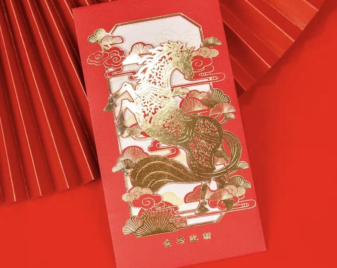 Year of the Horse 2026 Gold Foil Red Envelopes, Hollow Paper Cut-out Lucky Money Gift Red Packets