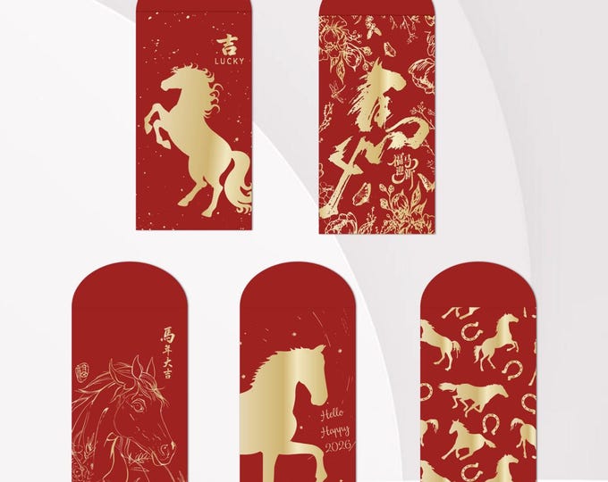 2026 Year of the Horse Red Envelopes, Gold Foil Lucky Money Packets