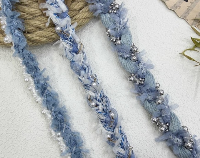 Blue Beaded Trim, Couture Bridal Embellishment Sold by 1 Yard