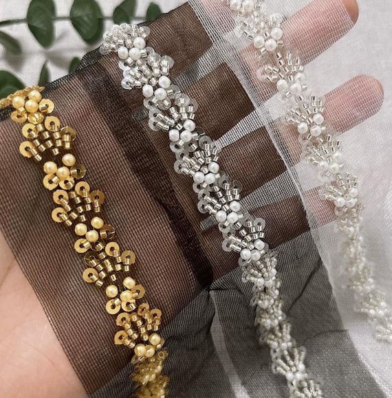 Beaded Lace trim for costume design sewing embellishment bridal trim dress coat cuff collar Sold by 1 yard