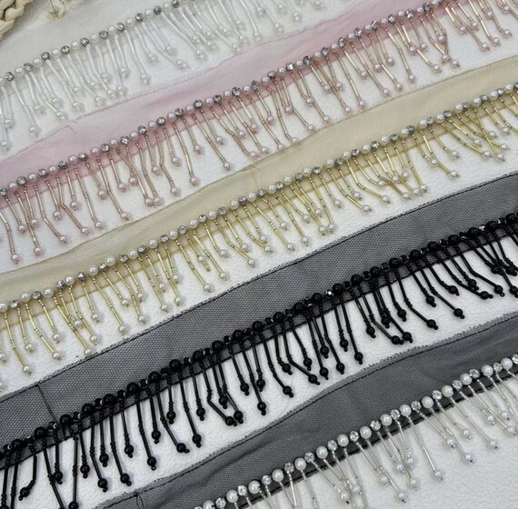 Beaded Fringed Lace trim for costume design sewing embellishment bridal trim dress coat cuff collar Sold by 1 yard