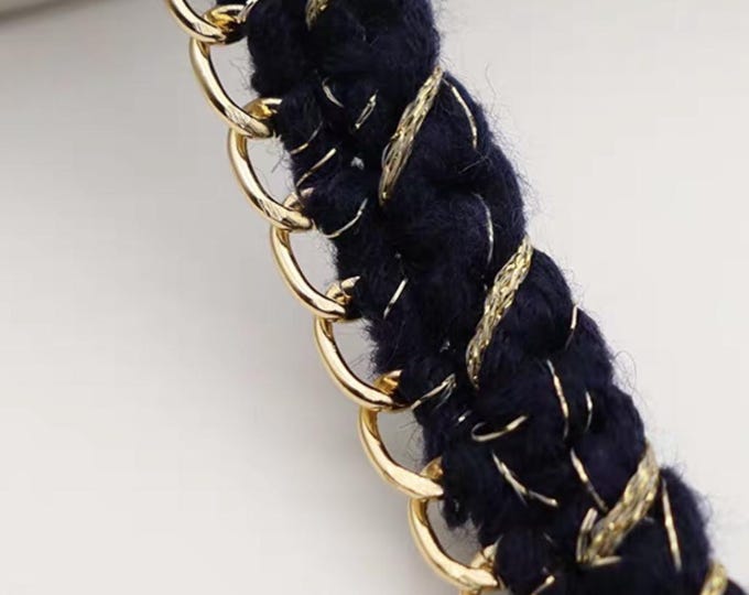 Dark Blue Tweed Lace Trim Chain, Costume Embellishment, Sold by 1 Yard