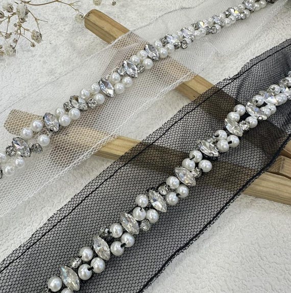 Rhinestone Pearlet Lace trim, decor trimming for costume design sewing bridal trim headwear dress coat cuff collar bag Sold by 1 yard