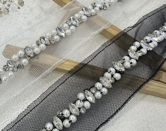 Rhinestone Pearl Lace Trim, Bridal Costume Design, Sold by 1 Yard