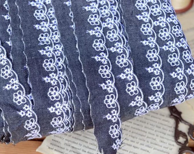 Floral Embroidery Denim Trim, Costume Design Sewing Embellishment, 1 Yard