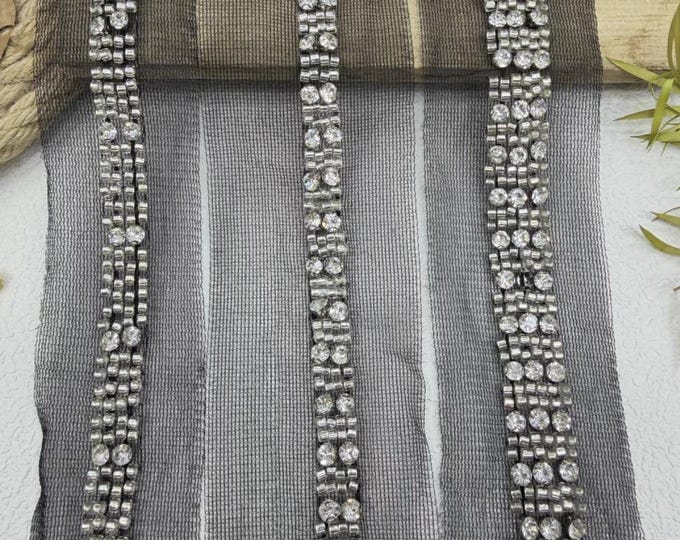 Beaded Rhinestone Lace Trim, Costume Design Embellishment, Sold by 1 Yard