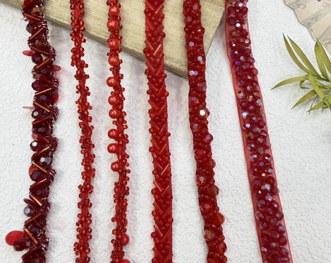 Red Beaded Trim, Costume Design, Sewing Embellishment (1 Yard)