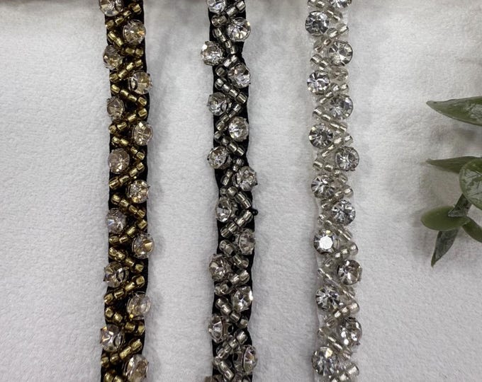 Rhinestone Beaded Trim, Costume Design Embellishment, Bridal Trim (1 Yard)