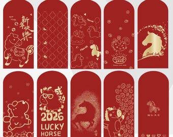 2026 Year of the Horse Red Envelopes, Gold Foil Lucky Money Packets