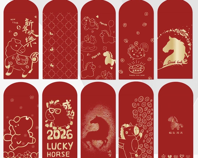 2026 Year of the Horse Red Envelopes, Gold Foil Lucky Money Packets