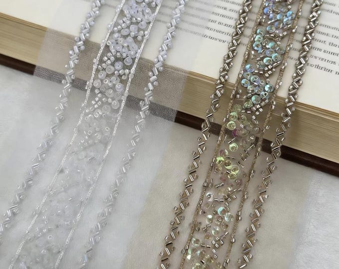 Beaded Lace Trim, Sewing Embellishment, Sold by 1 Yard