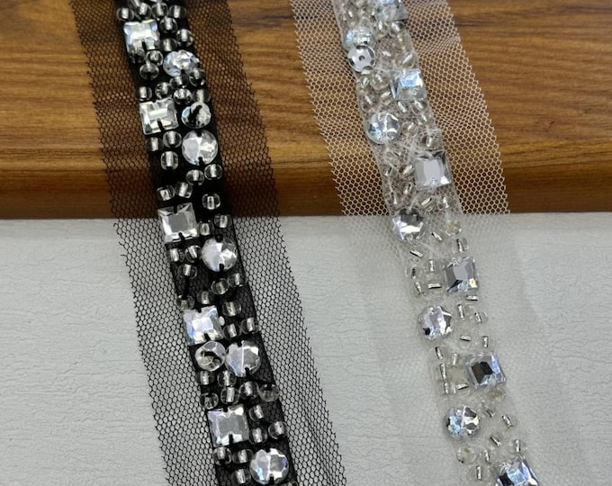 Rhinestone Beaded Trim, Costume Sewing Embellishment, Sold by 1 Yard