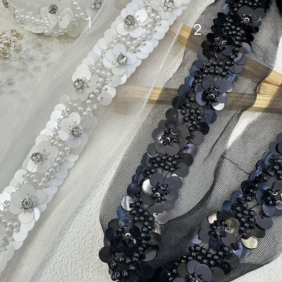 Rhinestone Sequins Ribbon trim, Beaded trim for costume design sewing embellishment bridal trim dress coat cuff collar Sold by 1 yard
