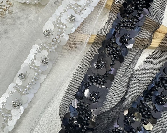 Rhinestone Sequin Beaded Lace Trim, Costume Embellishment, Bridal Trim (1 Yard)