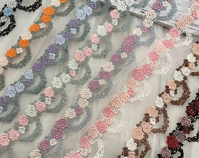 Floral Embroidery Lace Trim, Costume Design, Bridal Sewing, Sold by 1 Yard