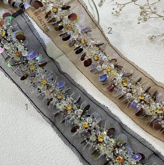 Sequins Beaded Ribbon trim, Beaded trim for costume design sewing embellishment bridal trim dress coat cuff collar Sold by 1 yard