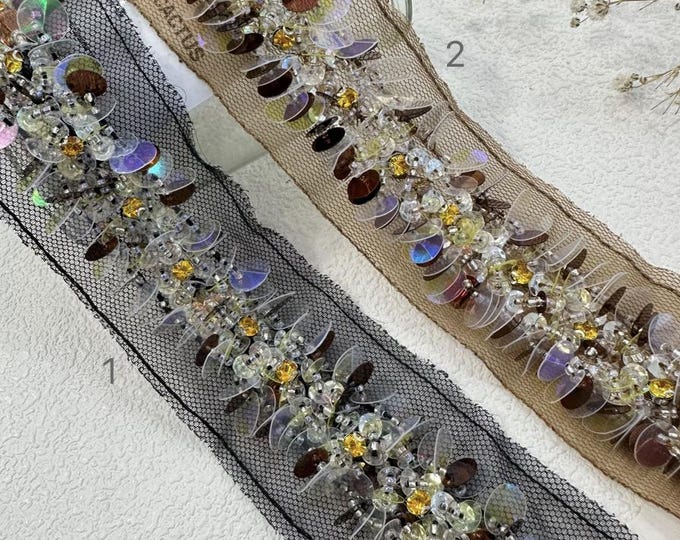 Sequins Beaded Lace Trim, Costume Design Embellishment, Sold by 1 Yard