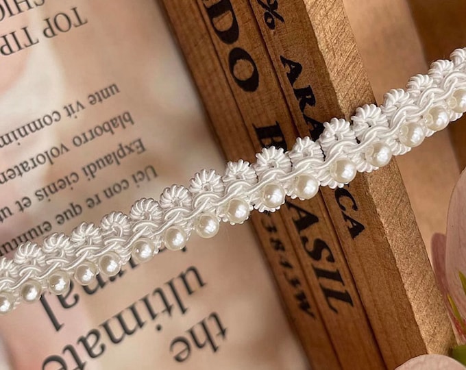 Pearl Beaded Lace Trim, Costume Design Embellishment, Sold by 1 Yard