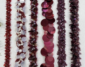 Adorno de lentejuelas con cuentas color vino tinto para vestido de alta costura. Se vende por 1 yarda.
