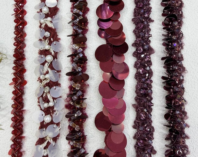 Wine Red Sequin Beaded Trim, Couture Dress Embellishment Sold by 1 Yard