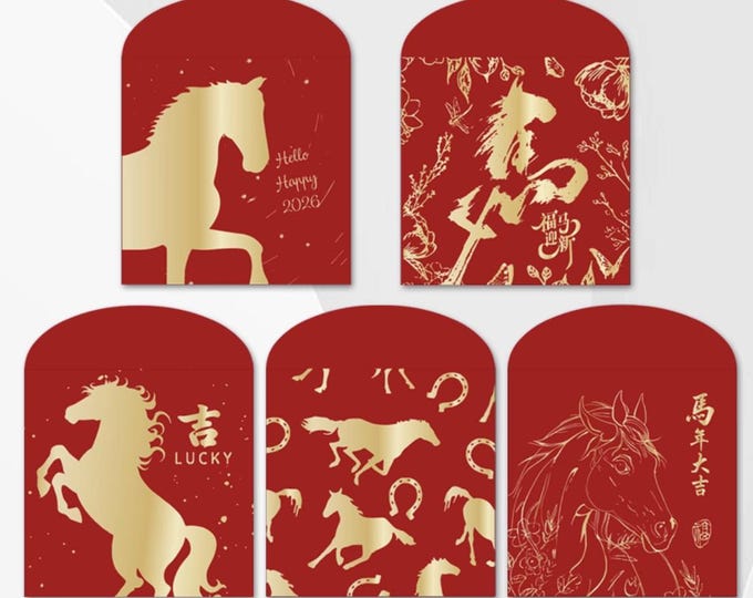 2026 Year of the Horse Red Envelopes, Gold Foil Lucky Money Packets