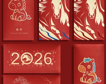 2026 Year of the Horse Red Envelopes, Gold Foil Lucky Money Packets