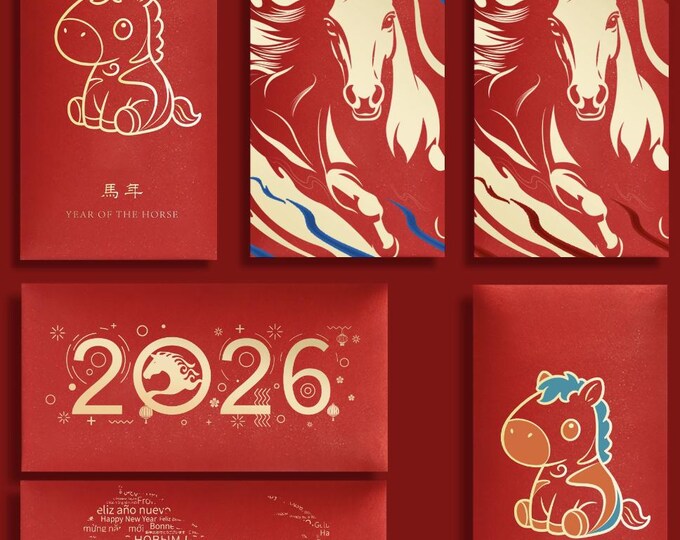 2026 Year of the Horse Red Envelopes, Gold Foil Lucky Money Packets