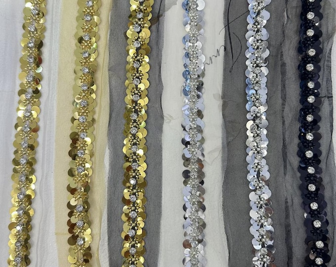 Sequin Rhinestone Lace Trim, Bridal Sewing Embellishment, Sold by 1 Yard