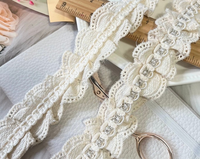 Ivory Lace Trim with Rhinestones, Sewing Embellishment, Sold by the Yard