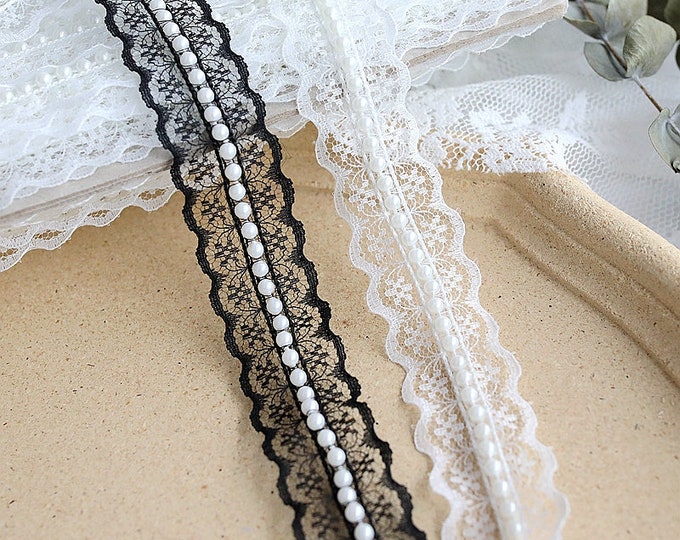 Pearl Beaded Lace Trim, Costume Design Embellishment, Sold by 1 Yard
