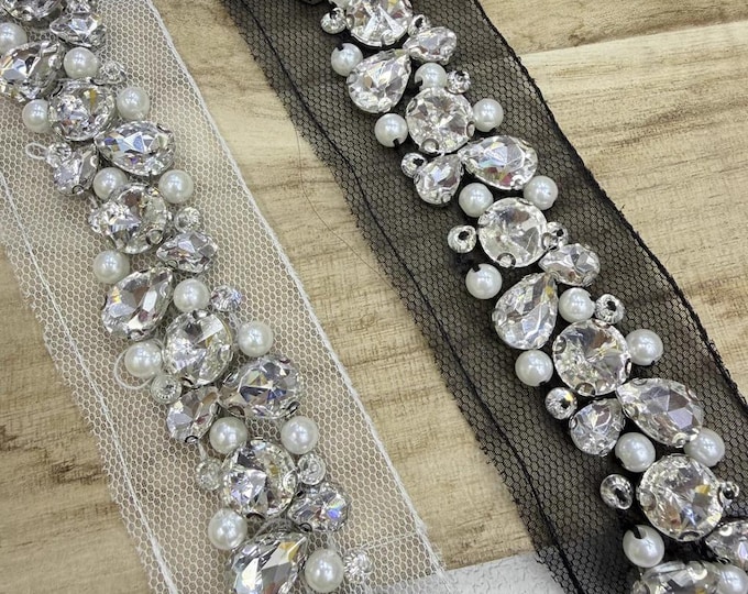 Rhinestone Beaded Lace Trim, Costume Design Embellishment, Sold by 1 Yard