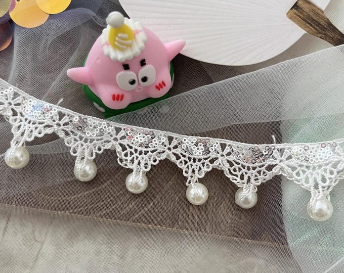 Lace Trim with Pearl Drops, Sewing Embellishment, Bridal Costume Design (1 Yard)