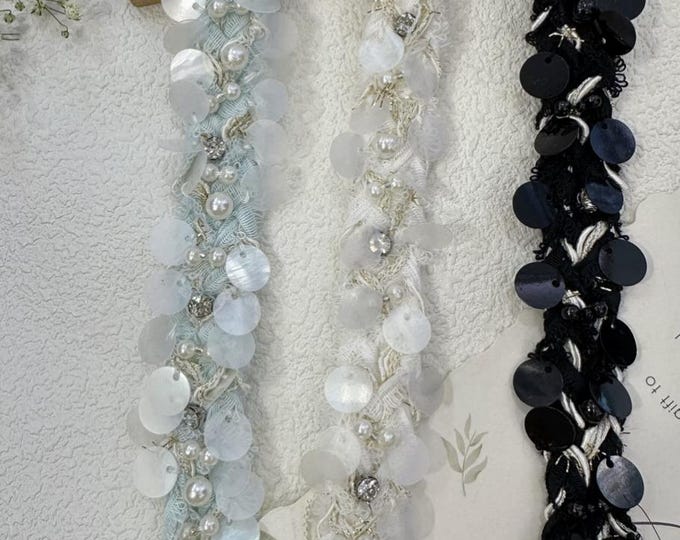 Sequins Rhinestone Beaded Lace Trim, Costume Embellishment Sold by 1 Yard