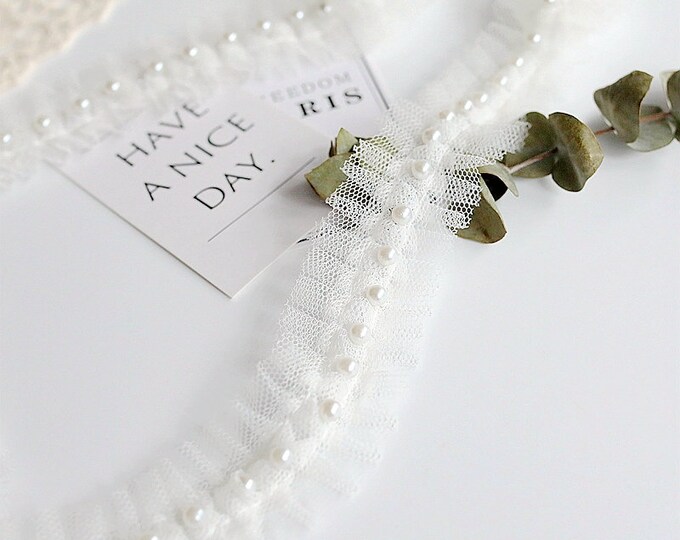 White Lace Trim with Pearls, Bridal, Costume, Sewing Embellishment (1 Yard)