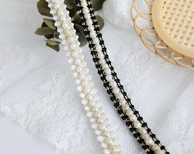 Pearl Beaded Lace Trim, Costume Design Embellishment, Sold by 1 Yard