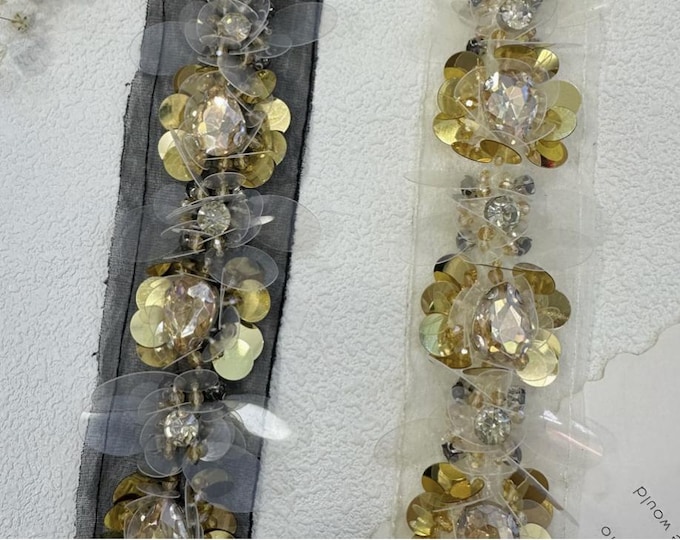 Sequin Rhinestone Lace Trim, Beaded Bridal Embellishment, Sold by 1 Yard