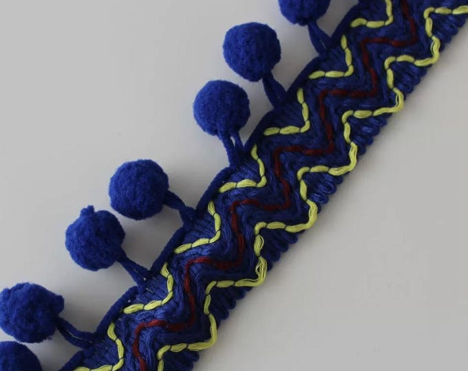 PomPom Tassel Trim, Royal Blue Zigzag Ribbon, Costume Design - 1 Yard