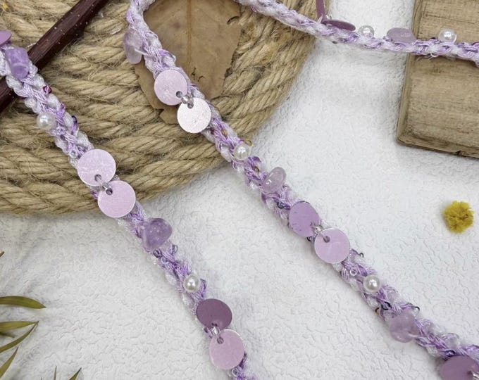 Purple Beaded Sequins Trim, Costume Design Embellishment, Sold by the Yard
