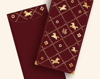 Sobres rojos dorados del Año del Caballo 2026, paquetes rojos de regalo de dinero de la suerte
